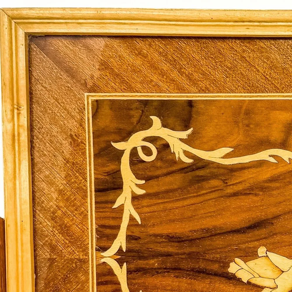 Vintage Wood Marquetry Serving Tray Floral Rose Inlay Wood Handles